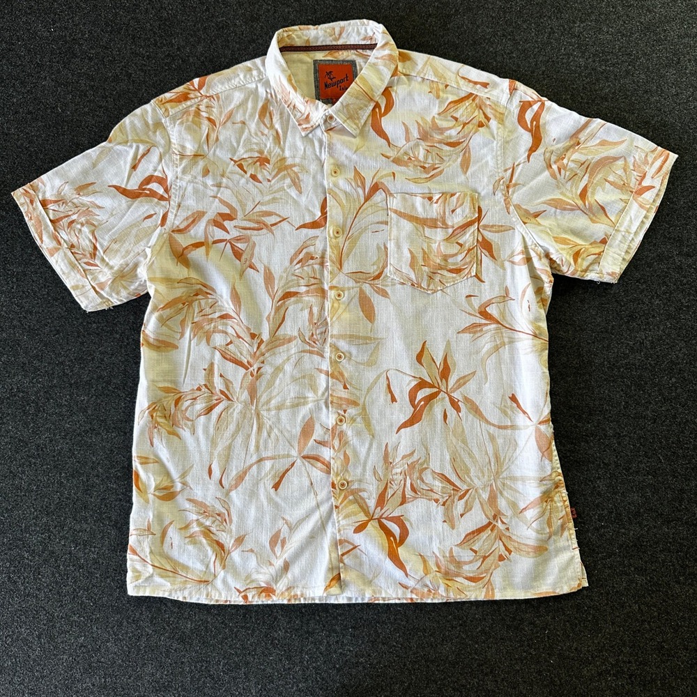 Newport Isle XL Orange Tropical Leaf Linen Blend Short Sleeve Button Up Shirt